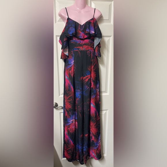 bebe Pants - Bebe Floral Ruffle cold shoulder Jumpsuit